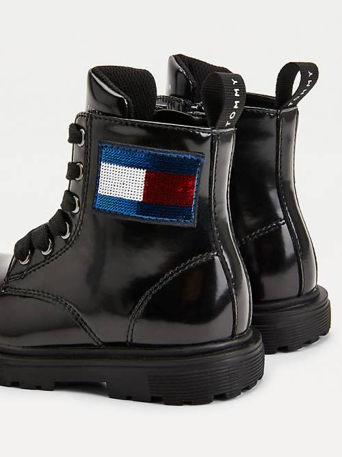 Djevojčice Tommy Hilfiger Sequin Flag Patent Lace-Up Čizme Crna | TH098SBP