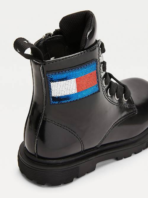 Djevojčice Tommy Hilfiger Sequin Flag Patent Lace-Up Čizme Crna | TH098SBP