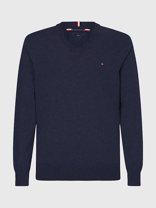 Muške Tommy Hilfiger 1985 Essential TH Flex V-Neck Jumper Džemper Plava | TH160WLU