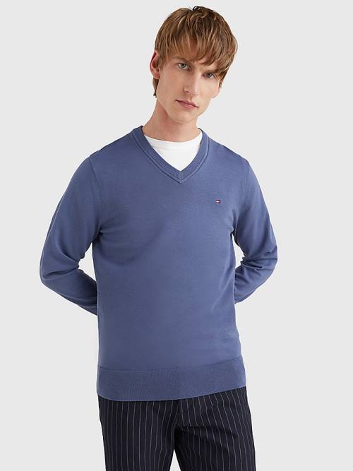 Muške Tommy Hilfiger 1985 Essential TH Flex V-Neck Jumper Džemper Plava | TH759XHF