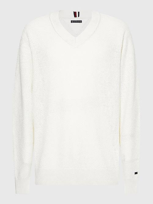 Muške Tommy Hilfiger Elevated Textured V-Neck Jumper Džemper Bela | TH083WAX