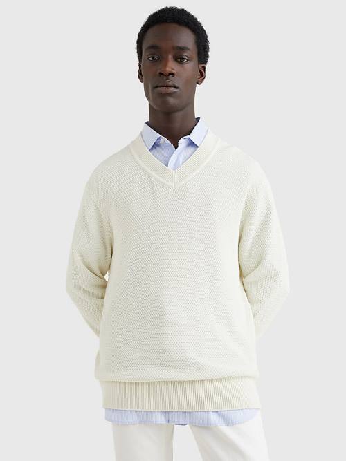 Muške Tommy Hilfiger Elevated Textured V-Neck Jumper Džemper Bela | TH083WAX