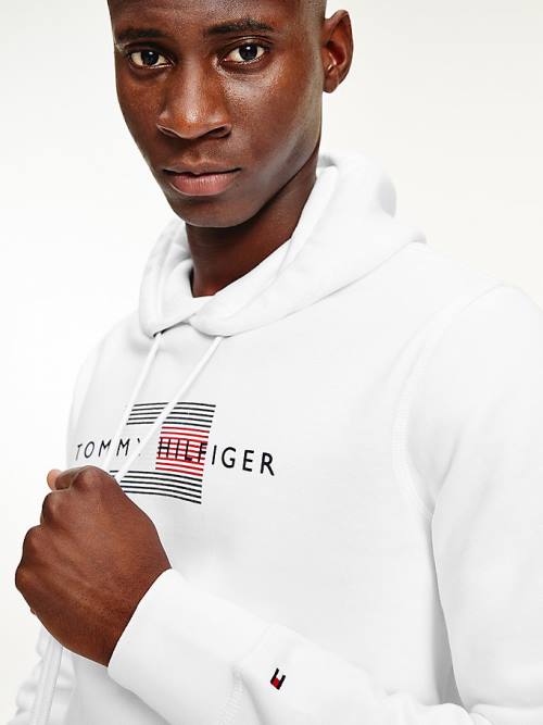 Muške Tommy Hilfiger Front Logo Organic Cotton Fleece Duks Hoodie Bela | TH908SJM