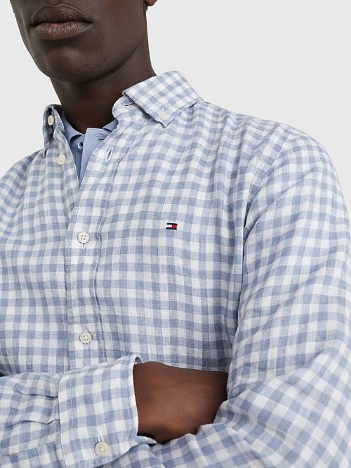 Muške Tommy Hilfiger Gingham Regular Fit Linen Košulje Plava | TH382ZGU