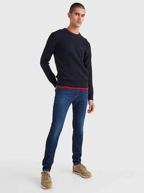 Muške Tommy Hilfiger Knitted Grid Check Crew Neck Jumper Džemper Plava | TH018CIX