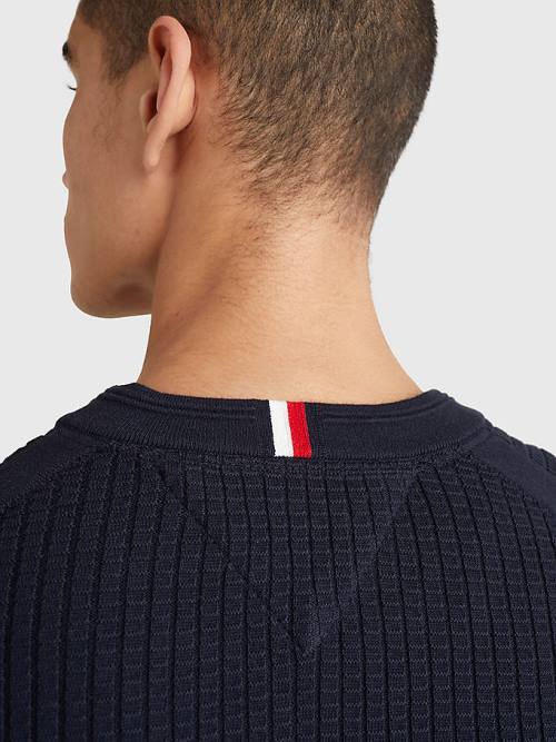 Muške Tommy Hilfiger Knitted Grid Check Crew Neck Jumper Džemper Plava | TH018CIX