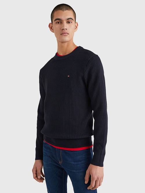 Muške Tommy Hilfiger Knitted Grid Check Crew Neck Jumper Džemper Plava | TH018CIX