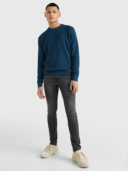 Muške Tommy Hilfiger Knitted Grid Check Crew Neck Jumper Džemper Plava | TH032RCG