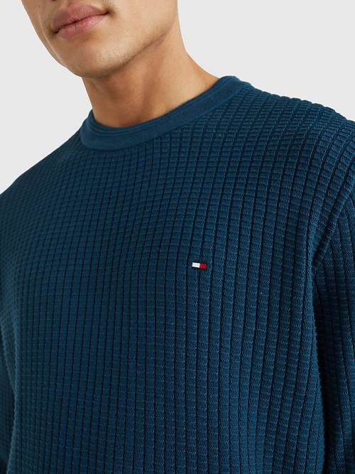 Muške Tommy Hilfiger Knitted Grid Check Crew Neck Jumper Džemper Plava | TH032RCG