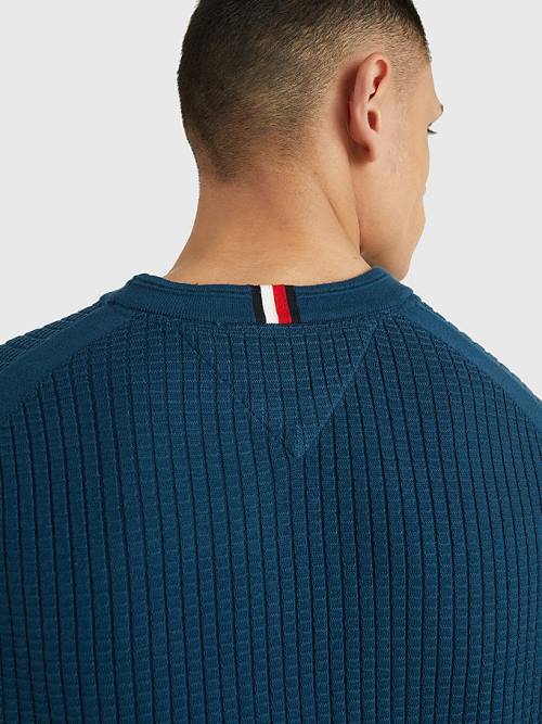 Muške Tommy Hilfiger Knitted Grid Check Crew Neck Jumper Džemper Plava | TH032RCG