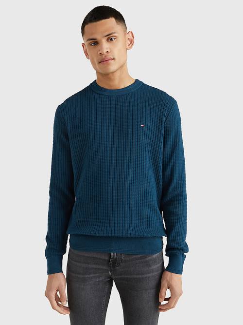 Muške Tommy Hilfiger Knitted Grid Check Crew Neck Jumper Džemper Plava | TH032RCG