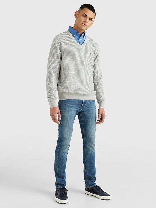 Muške Tommy Hilfiger Knitted Grid Check V-Neck Jumper Džemper Siva | TH054NZQ