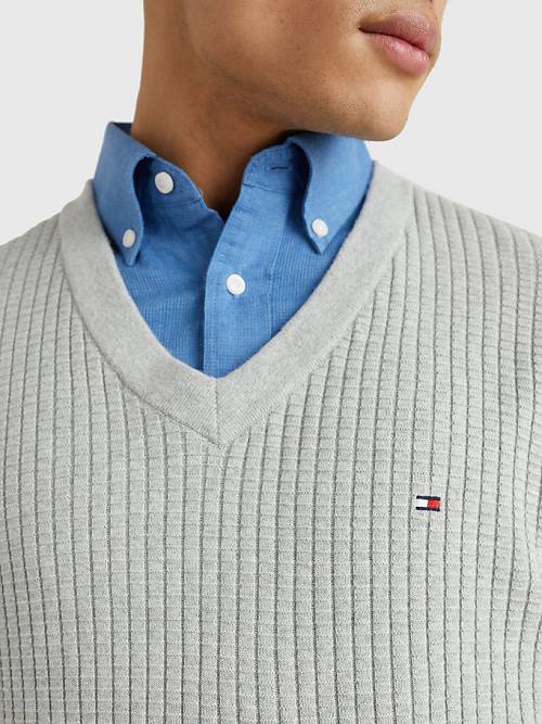 Muške Tommy Hilfiger Knitted Grid Check V-Neck Jumper Džemper Siva | TH054NZQ