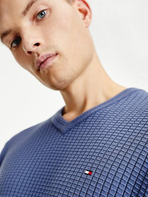 Muške Tommy Hilfiger Knitted Grid Check V-Neck Jumper Džemper Plava | TH815PBD