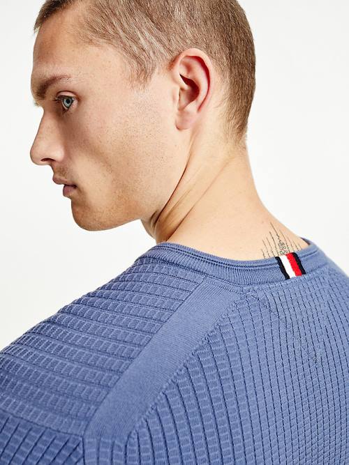 Muške Tommy Hilfiger Knitted Grid Check V-Neck Jumper Džemper Plava | TH815PBD