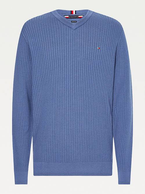 Muške Tommy Hilfiger Knitted Grid Check V-Neck Jumper Džemper Plava | TH815PBD