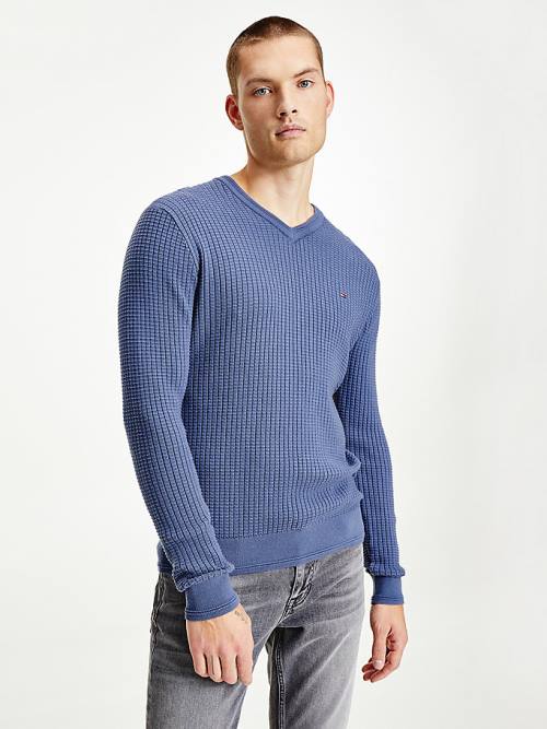 Muške Tommy Hilfiger Knitted Grid Check V-Neck Jumper Džemper Plava | TH815PBD