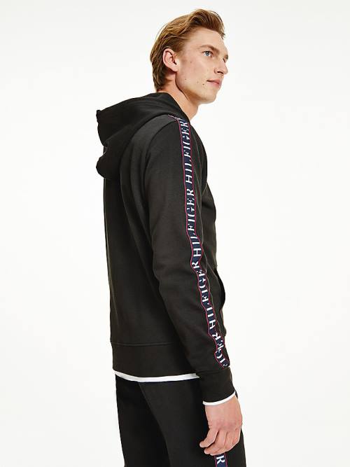 Muške Tommy Hilfiger Logo Tape Zip-Thru Duks Hoodie Crna | TH965YSL