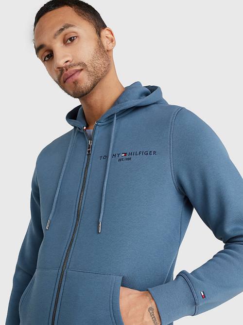 Muške Tommy Hilfiger Logo Zip-Thru Duks Hoodie Plava | TH124OMN