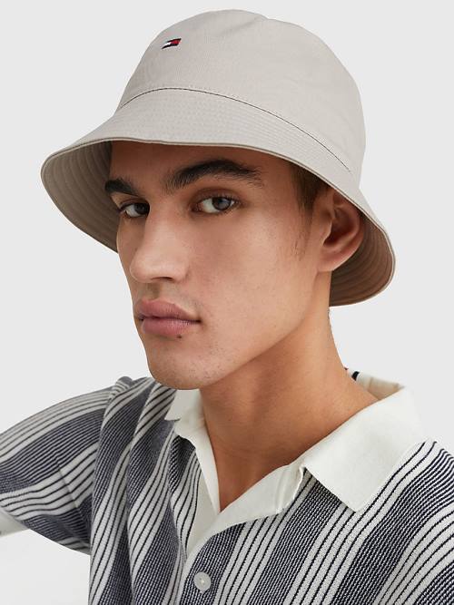 Muške Tommy Hilfiger Organic Cotton Flag Embroidery Bucket Kape Bež | TH968FJQ