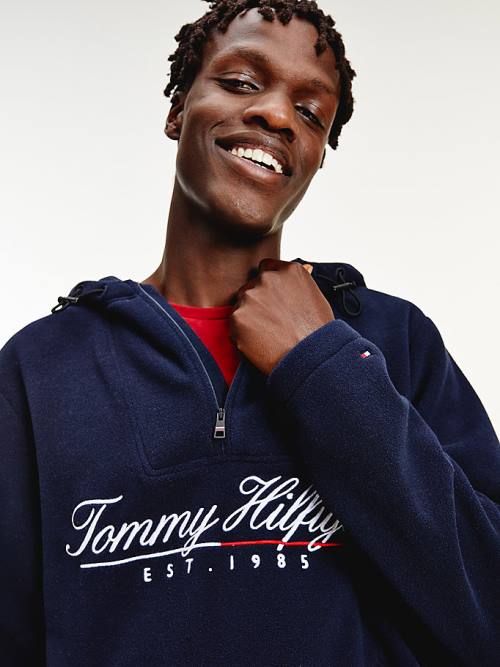 Muške Tommy Hilfiger Script Logo Recycled Fleece Popover Anorak Duks Hoodie Plava | TH086NAF