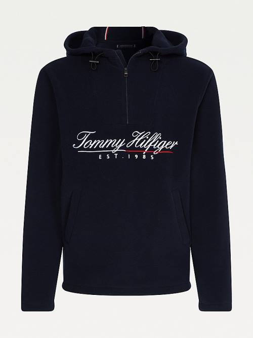 Muške Tommy Hilfiger Script Logo Recycled Fleece Popover Anorak Duks Hoodie Plava | TH086NAF