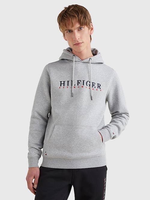 Muške Tommy Hilfiger Signature Flex Fleece Logo Duks Hoodie Siva | TH190BSO