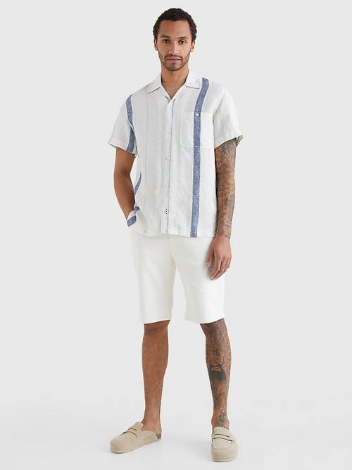 Muške Tommy Hilfiger Stripe Short Sleeve Linen Košulje Bež | TH215DYT