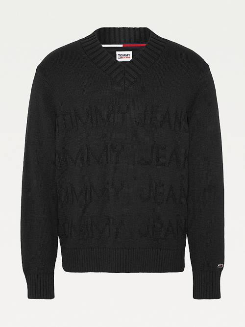 Muške Tommy Hilfiger Tonal Logo V-Neck Jumper Džemper Crna | TH573EKF