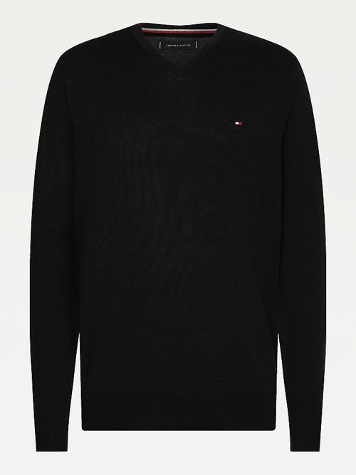 Muške Tommy Hilfiger V-Neck Cotton Blend Sweatshirt Džemper Crna | TH182BZF