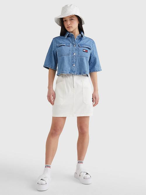 Ženske Tommy Hilfiger Badge Cropped Short Sleeve Denim Košulje Denim Plava | TH174KGU