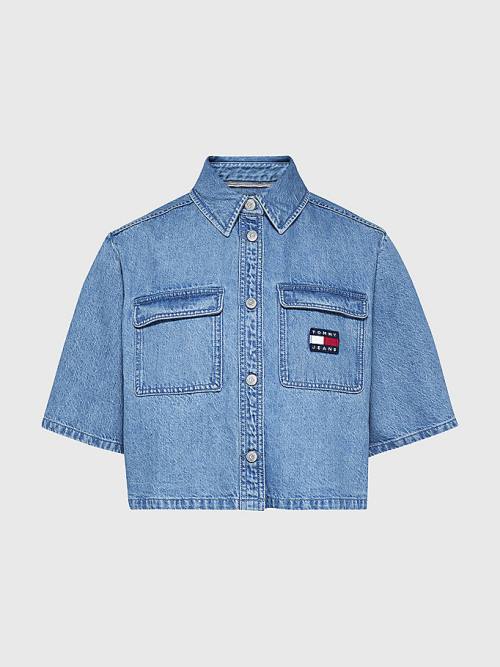 Ženske Tommy Hilfiger Badge Cropped Short Sleeve Denim Košulje Denim Plava | TH174KGU