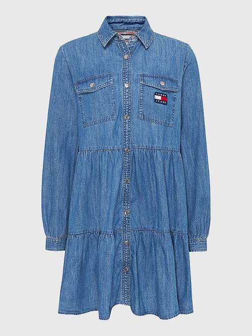 Ženske Tommy Hilfiger Badge Tiered Denim Shirt Haljine Denim Plava | TH826PMJ