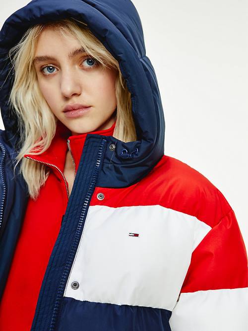 Ženske Tommy Hilfiger Colour-Blocked Belted Down Puffer Jakna Plava | TH576VXI