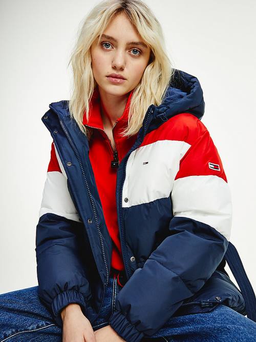 Ženske Tommy Hilfiger Colour-Blocked Belted Down Puffer Jakna Plava | TH576VXI