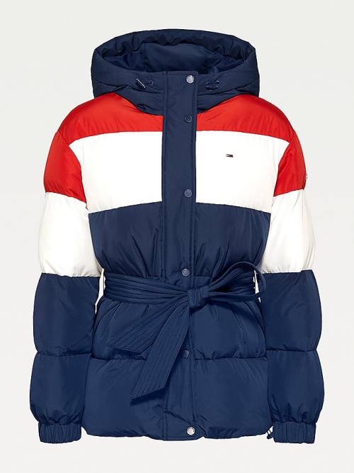 Ženske Tommy Hilfiger Colour-Blocked Belted Down Puffer Jakna Plava | TH576VXI