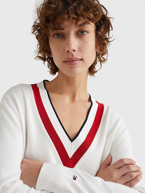 Ženske Tommy Hilfiger Contrast V Neck Jumper Džemper Bela | TH581TAI