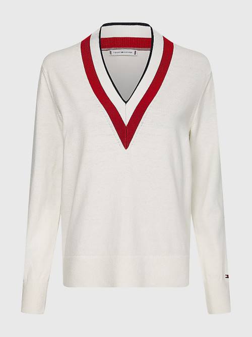 Ženske Tommy Hilfiger Contrast V Neck Jumper Džemper Bela | TH581TAI