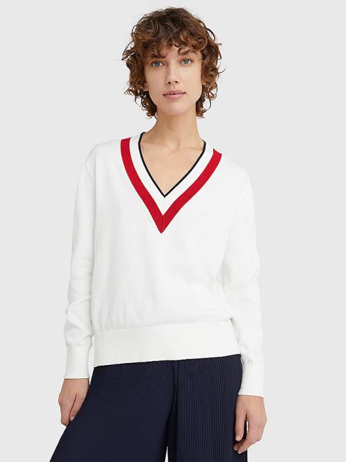 Ženske Tommy Hilfiger Contrast V Neck Jumper Džemper Bela | TH581TAI