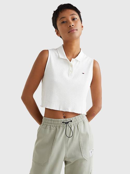 Ženske Tommy Hilfiger Cropped Sleeveless Rib Polo Majice Bela | TH965UQI