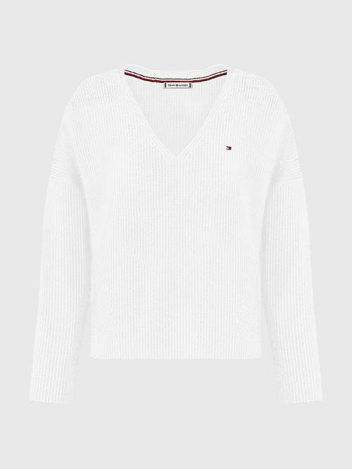 Ženske Tommy Hilfiger Curve Contrast Knit Relaxed Fit V-Neck Jumper Džemper Bela | TH138GQV