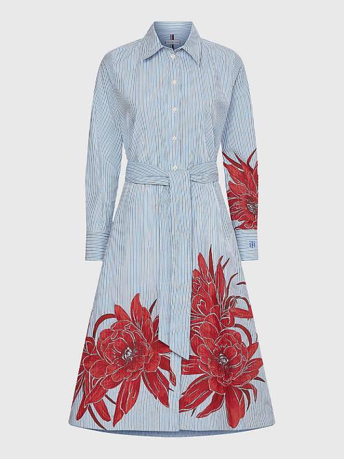 Ženske Tommy Hilfiger Curve Stripe Floral Print Midi Shirt Haljine Plava | TH876IKN