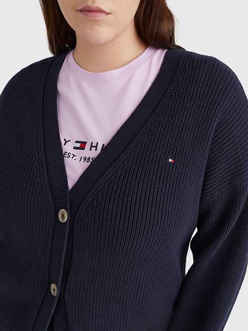 Ženske Tommy Hilfiger Curve V-Neck Relaxed Fit Rib Knit Cardigan Džemper Plava | TH647GEZ