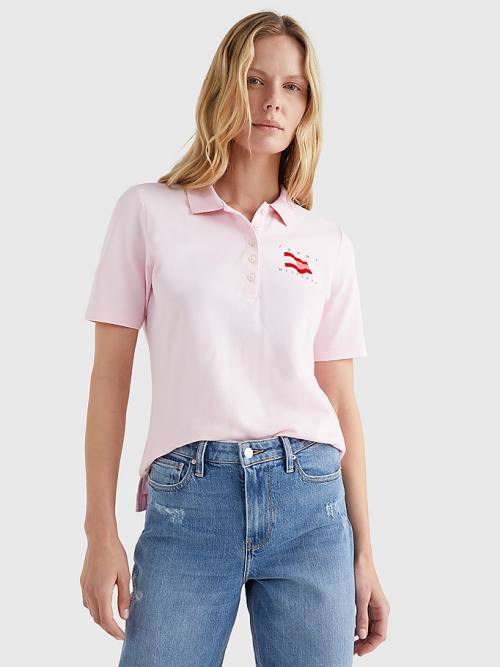 Ženske Tommy Hilfiger Flock Flag Polo Majice Roza | TH917HVJ