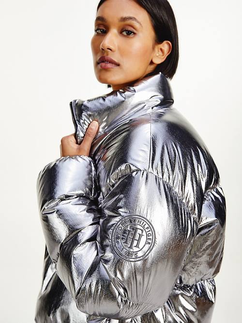 Ženske Tommy Hilfiger Gloss Foil Down-Filled Puffer Jakna Siva | TH758BJX