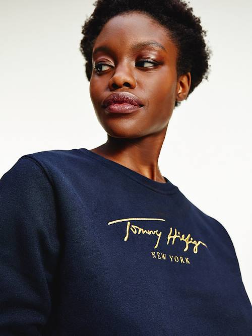 Ženske Tommy Hilfiger Gold Signature Embroidery Crew Neck Duksevi Plava | TH357AHR