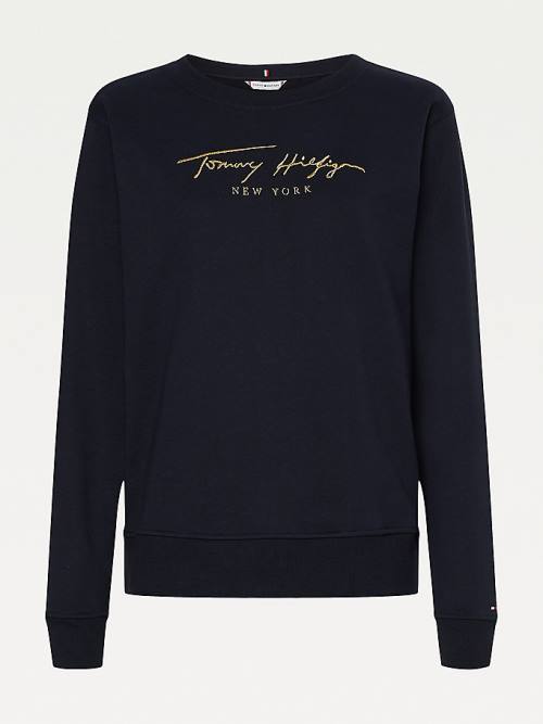 Ženske Tommy Hilfiger Gold Signature Embroidery Crew Neck Duksevi Plava | TH357AHR