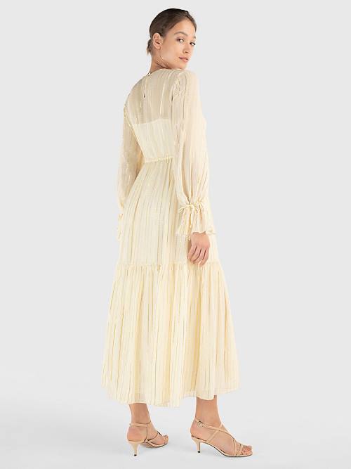 Ženske Tommy Hilfiger Gold Stripe Silk Blend Maxi Haljine Bela | TH360LET