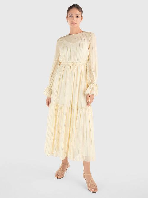 Ženske Tommy Hilfiger Gold Stripe Silk Blend Maxi Haljine Bela | TH360LET