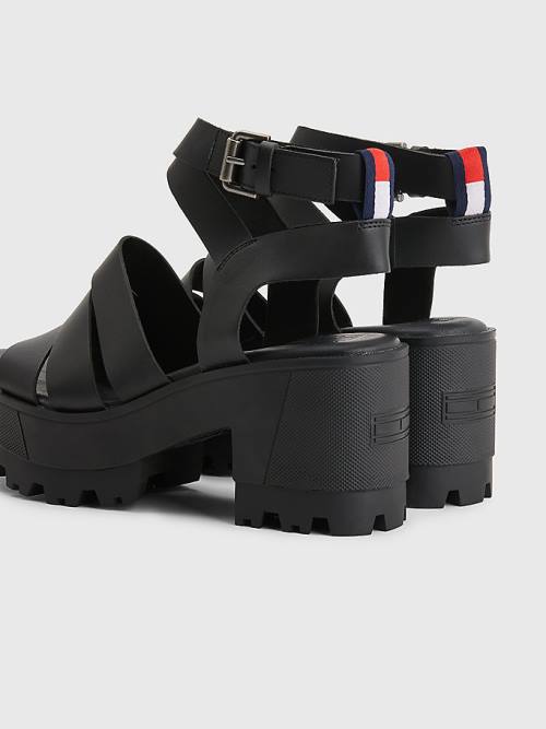 Ženske Tommy Hilfiger Leather Block Heel Sandale Crna | TH160WAJ